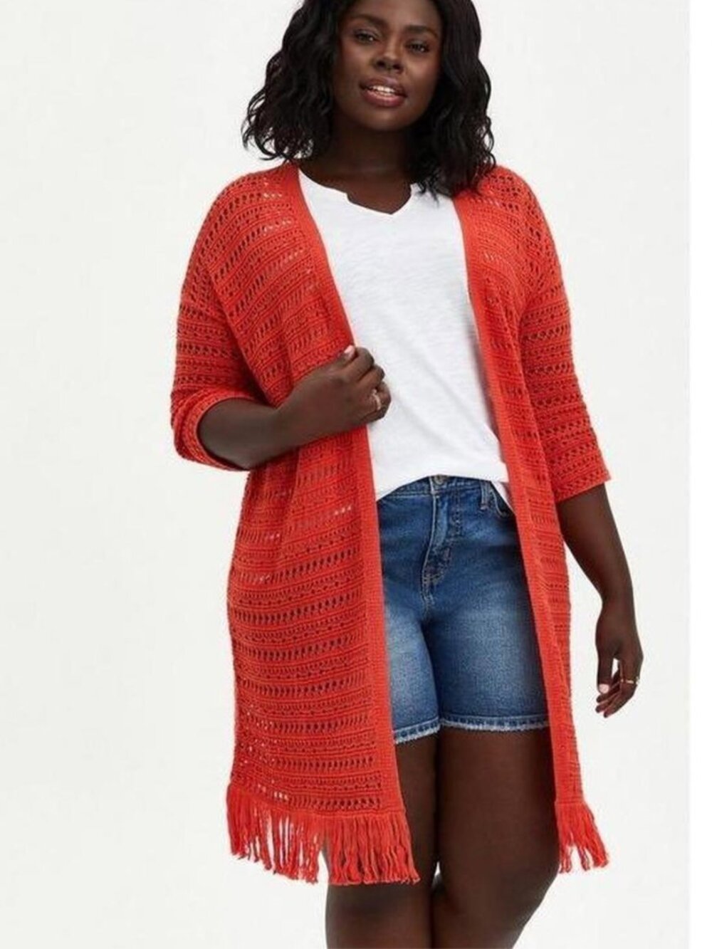 Torrid Orange Drop Shoulder Pointelle Crochet Fringe Duster Cardigan Size 2x